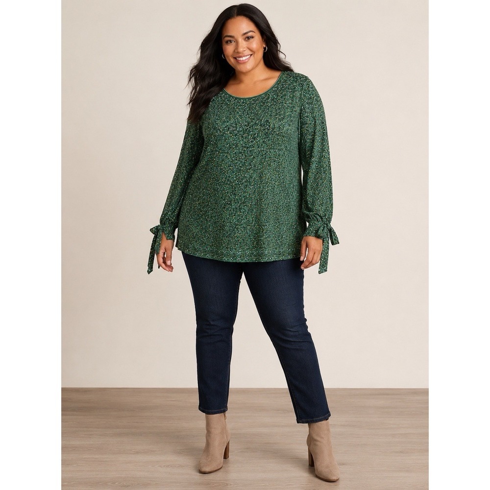 Max Studio 1X Green Floral Tie Sleeve Tunic Top